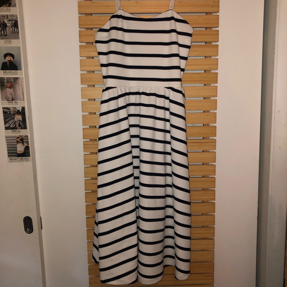 Striped, strapless, midi dress.